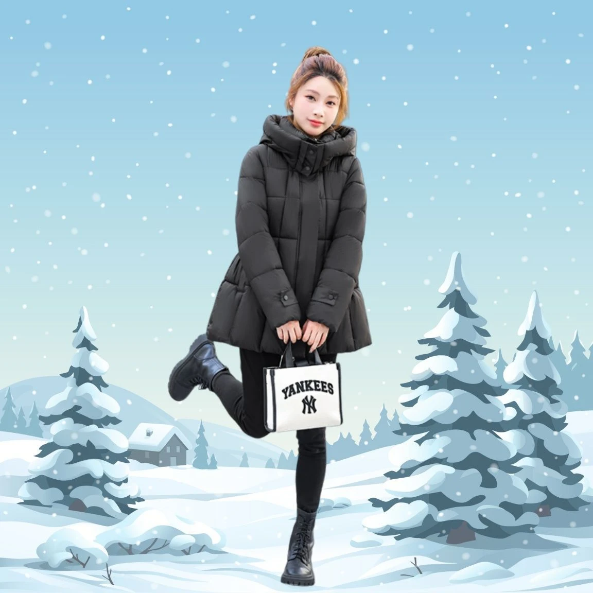 Damska kurtka z bawełnianym wypełnieniem, ocieplana, z bawełny, płaszcz z paskiem, średniej długości, odzież wierzchnia, zimowa moda, dojazdy do pracy, elegancka.