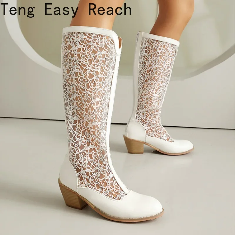

2026 New Fashionable Summer Cool High Heels Black and White Mesh High Boots Breathable Mesh Decoration