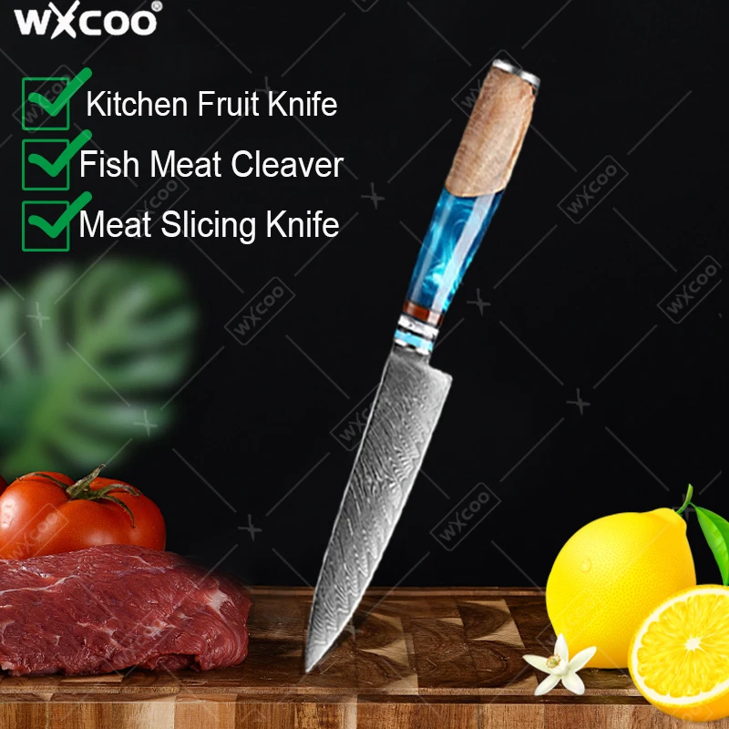 

WXCOO Damascus Steel Chef Knives Set Professional Japanese Kitchen Knife Fruit Paring Utility Knife Blue Resin Handle set
