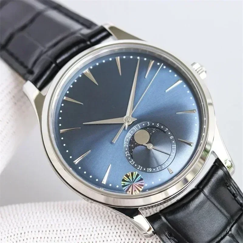 고급 남성용 문페이즈 럭셔리 손목시계 자동 기계식 시계 스테인리스 스틸 블랙 블루 가죽 맞춤형