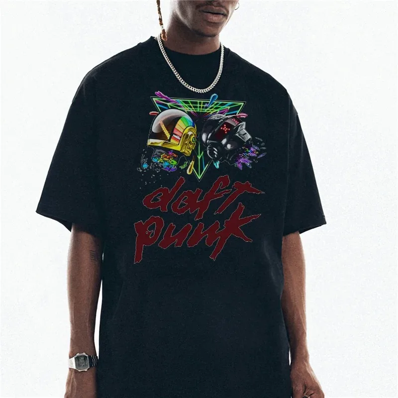 Daft Punk Rainbow Helm DJ Band Grafik-T-Shirt aus Baumwolle für Herren und Damen, Streetwear-T-Shirt – Detail 5