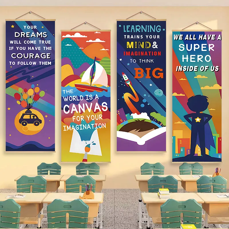 Canvas Poster Colorful English Learning Classroom Hanging Fabric Wall Decor for Language School International Class and Study