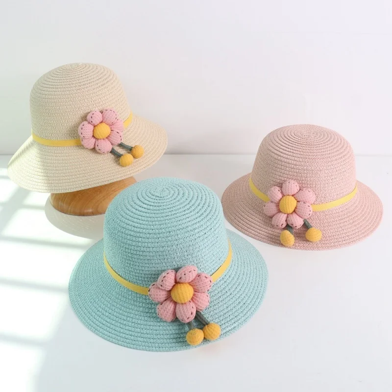 Girls Solid Color Flower Decorated Woven Hat Children\'s Spring and Summer Cute Fisherman Hat Baby Big Brim Outdoor Sunshade Hat