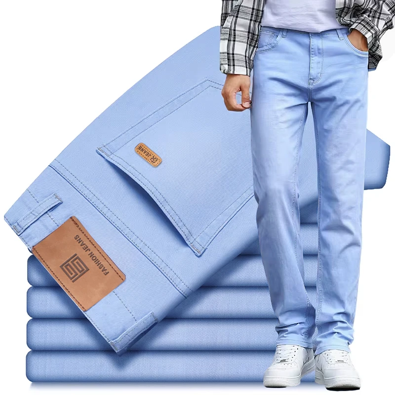 

Men's Slim Stretch Jeans Summer Thin Lyocell Ligth Blue Classic Straight Fashion Casual Denim Pants Male Brand Trousers