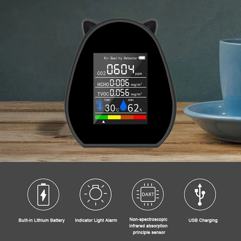 NEW-5 In 1 CO2 Air Detector Multi-Functional Portable Digital Temperature And Humidity Display Function TVOC HCHO CO2