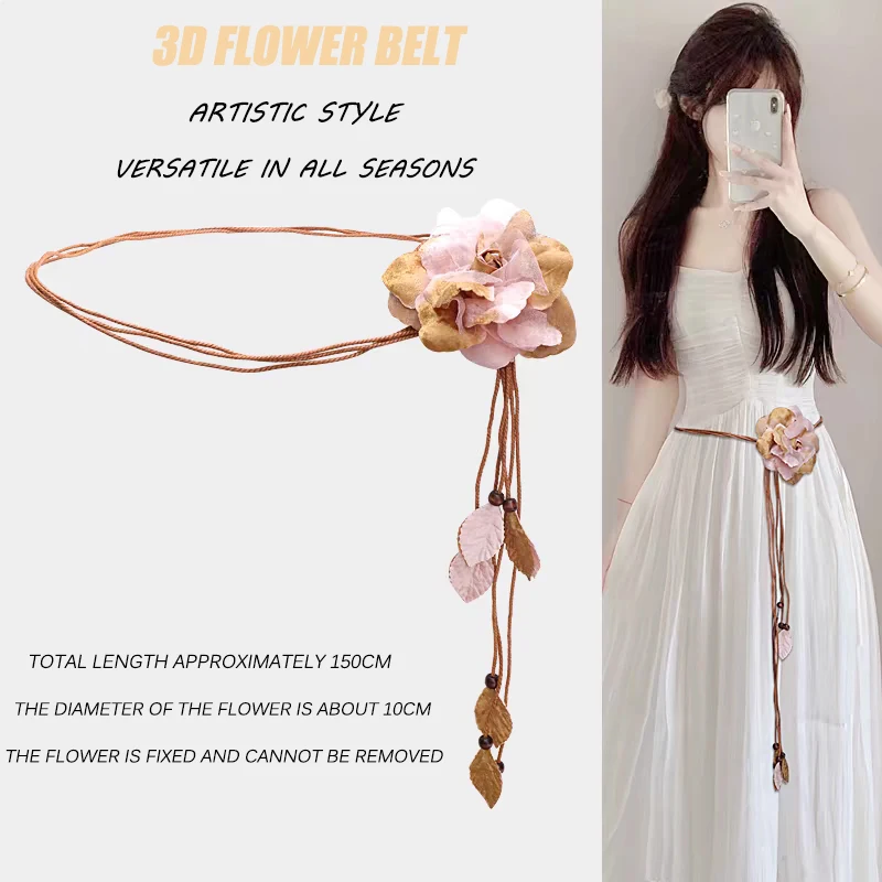 Casual Knotted Waist Chain For Dresses Lady Thin Waist Belt Long Tassel Braid Waistband Elegant Handmade Big Flower Decorative