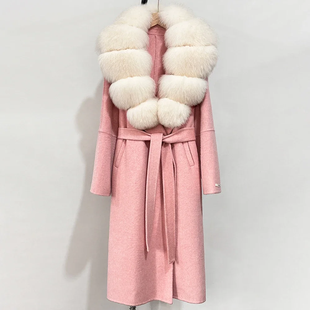 Long Big Fox Fur Luxury Woolen Jacket Women Autumn Top Clothes Real Fur Jacket New Fashion Warm Wool Coat Spring Cuffs Female