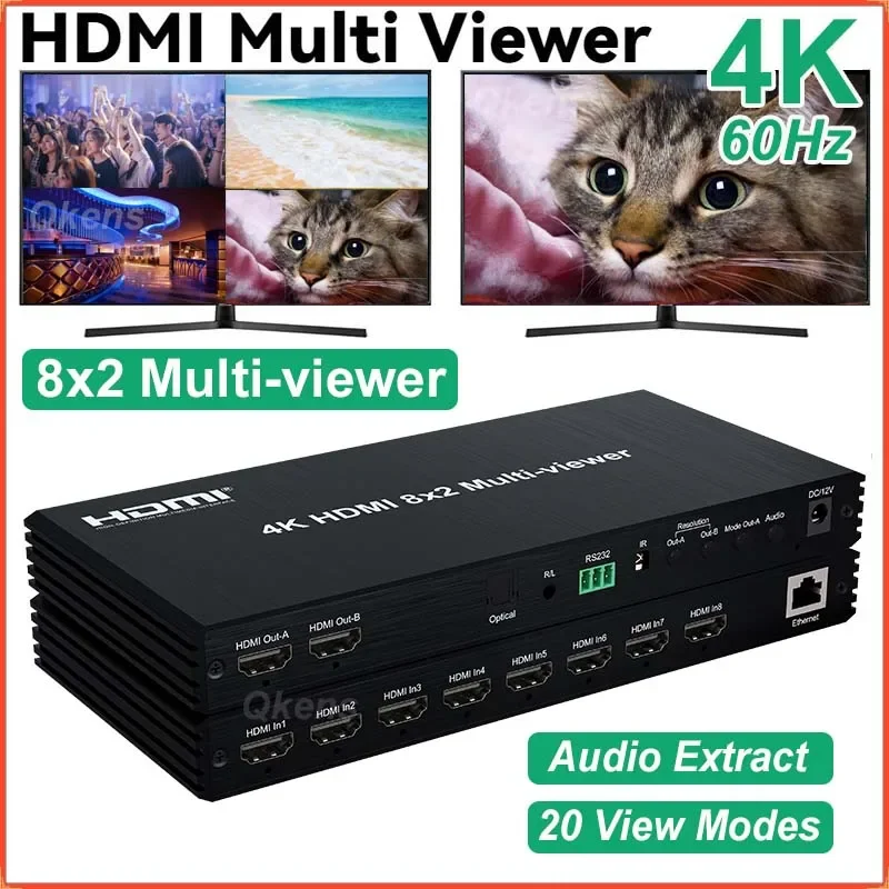 

Мультивьювер 4K HDMI 8x2 с PIP, 8 входов 2 выхода, бесшовный коммутатор для двух дисплеев с экстрактором аудио 3,5 мм, 2/3/4/5/6/7/8-канальный мультивьювер