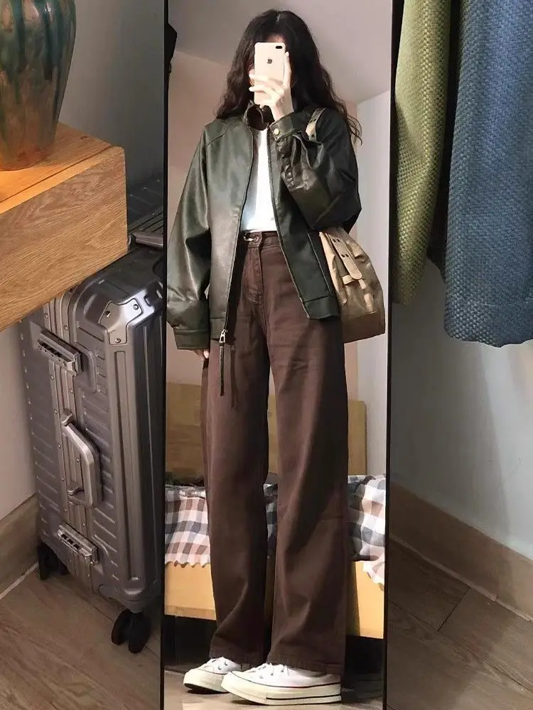 

Коричневые широкие джинсы женские, свободного кроя, с высокой талией, прямого кроя, для осени и зимы, повседневные, высокого качества, китайского производства...