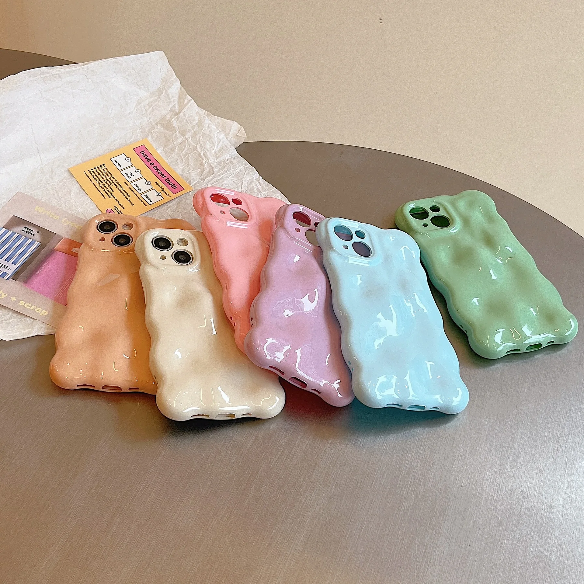 Ins Simplicity Solid Color Macaron Waves Bubbles Phone Cover Case for iPhone 16 15 14 13 12 11 Pro Max Plus