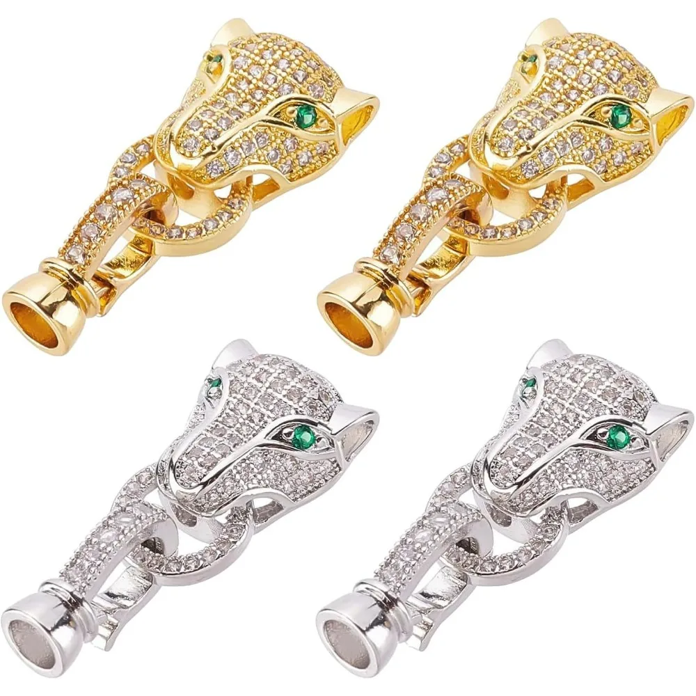 4 pcs 2 Colors Brass Micro Pave Cubic Zirconia Fold Over Clasps Leopard Shaped Animal Fold Over Clasps for Jewelry making kit