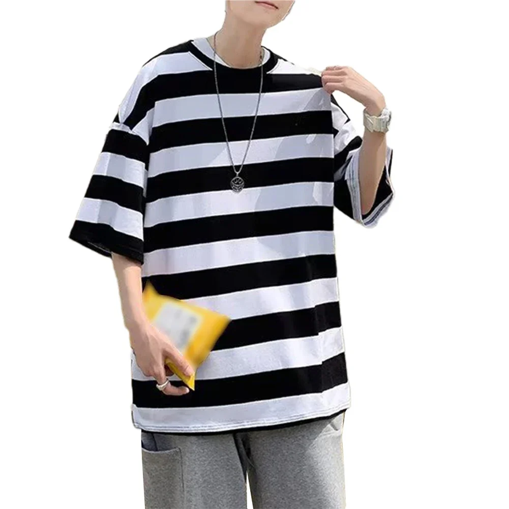 

Men Striped Short Sleeve Round Neck Sweatshirt Loose All-match Oversize Top Tee