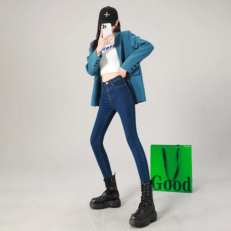 2024 Sexy Women Blue Slim Skinny Denim Jeans High Waist Elastic Mom Jeans Stretch Washed Pencil Pants Streetwear Tight Trousers — zdjęcie 6
