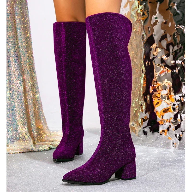 

Сексуальные сапоги выше колена на массивном квадратном каблуке с острым носком, женские роскошные длинные сапоги на молнии из ткани с блестками, женские вечерние туфли на каблуке