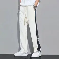 Summer New Fashion Elastic Waist Straight Pants Man High Street Pockets Patchwork Drawstring Ice Silk Fabric All-match Trousers