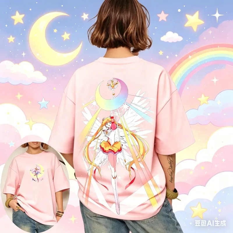 Camiseta de Manga Corta Casual para Mujer y Niña, Estilo Sailor Moon Serena, Tendencia 2026, Holgada y Cómoda, Estilo Y2K