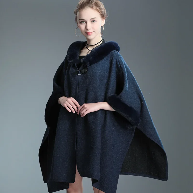 

Autumn Winter New Imitation Otter Rabbit Fur Collar Hooded Shawl Cape Imitation Wool Woolen Loose Ponchos Capes Coffee Cloak