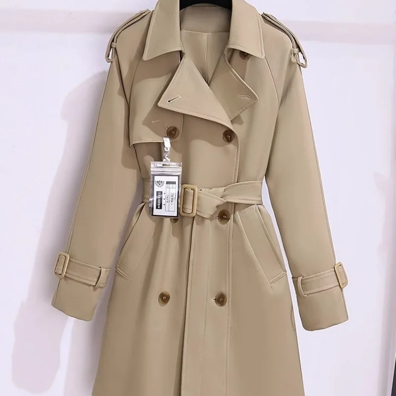 

Trendy Women's Trench Coats New Spring Autumn High-end Mid-length Slim Outerwear Double-breasted Belt Long Sleeves Windbreaker