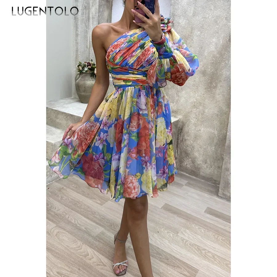 Women Fashion Dress Floral Sexy Print New Slanted One-shoulders Female Party Casual Elegant Short Clothing