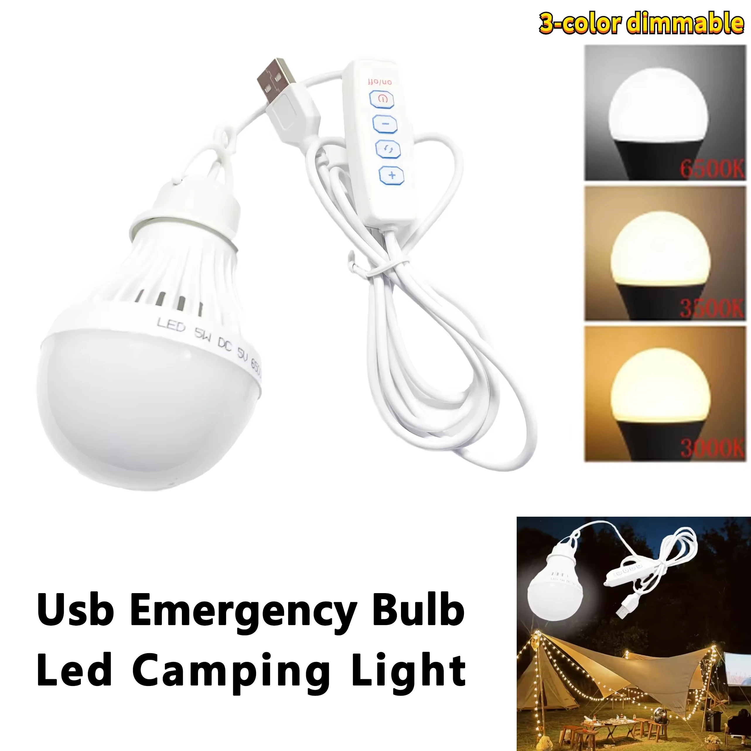 

5V USB Rechargeable LED Camping Light 3 Color Dimmable Hanging Emergency Tent Lamp for BBQ Fishing Repair Outdoor Home Use