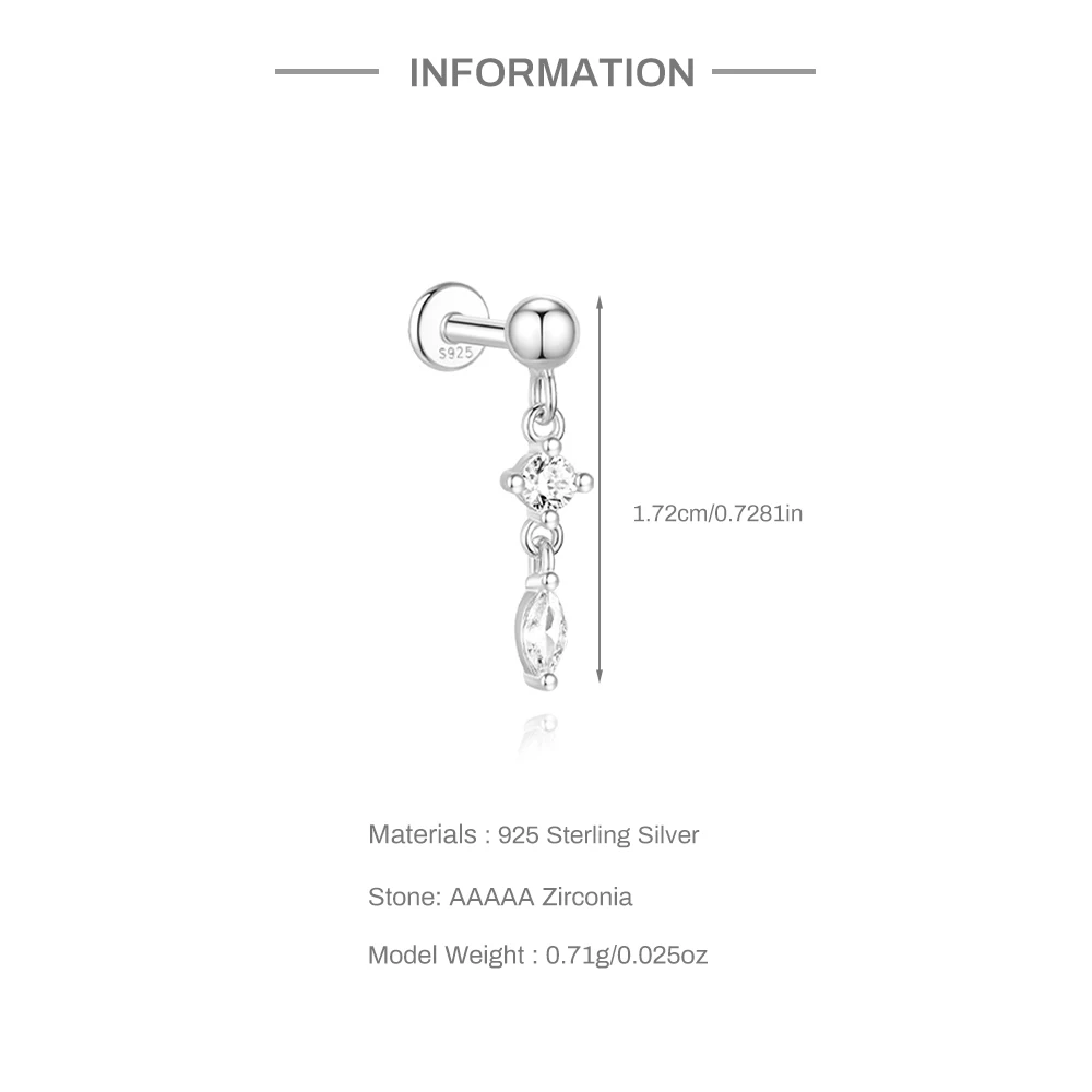 CANNER 1PC 925 Sterling Silver Horse Eye Zircon Crown Tassel Flat Head Puncture Earring For Women Ins Long Cartilage Love Gift
