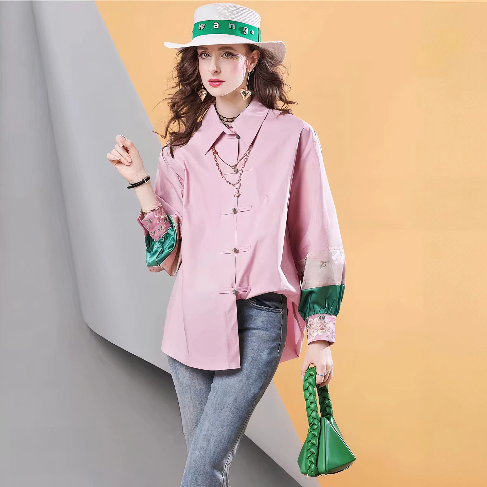 Spring high quality New Pink Women's Shirt Contrast Color Stitching Loose Embroidered Casual blous Top for women