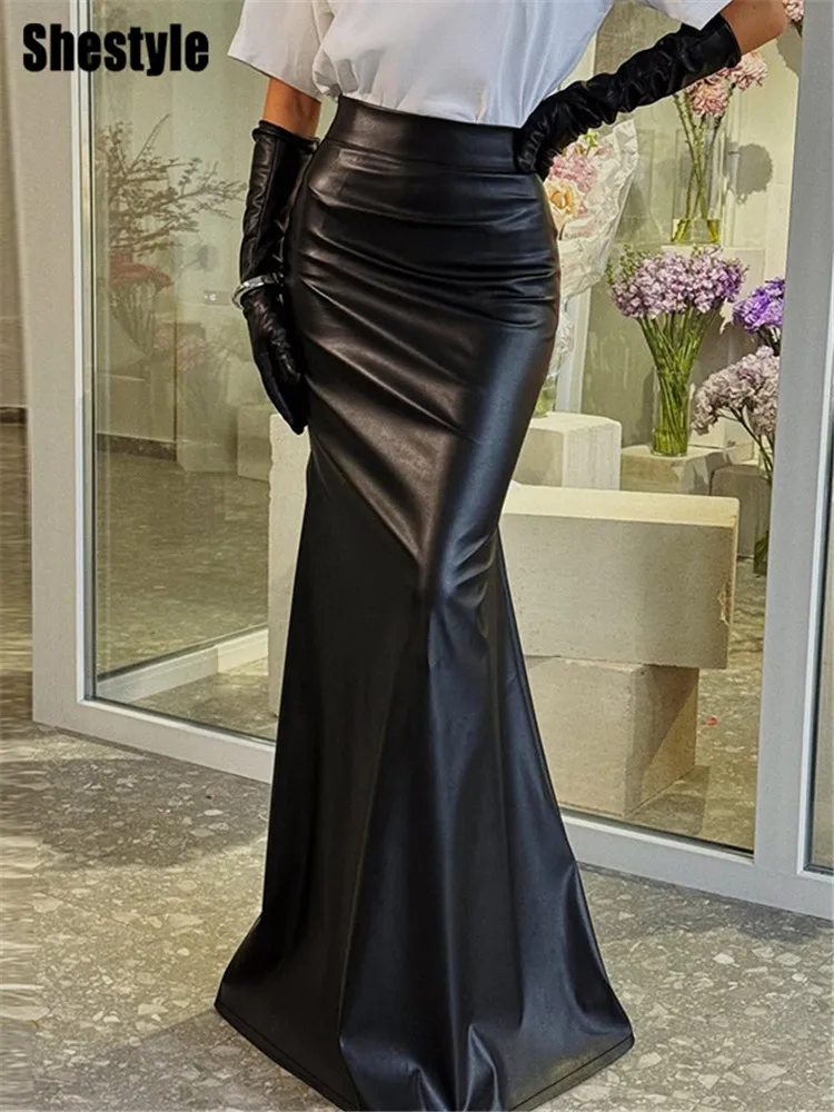 

Shestyle PU Leather Trumpet Long Skirts Women Black Solid High Waist Elegant Sexy Office Lady Basic Vintage Maxi Streetwear