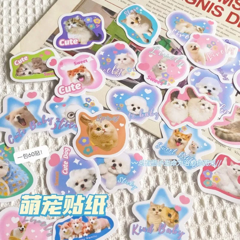 60sheet Sweet Chic Korean Cat Puppy Sticker Kawaii Cartoon Anime Kitten Dog Scrapbook Journal Sticker Guitar Stationery Sticker