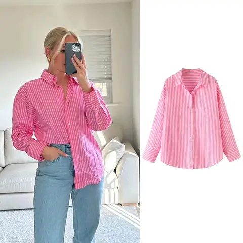  Women's Pink Striped Long Sleeve Shirt Loose Fit Classic Collar Button Down Style Ideal for Casual and Office Wear