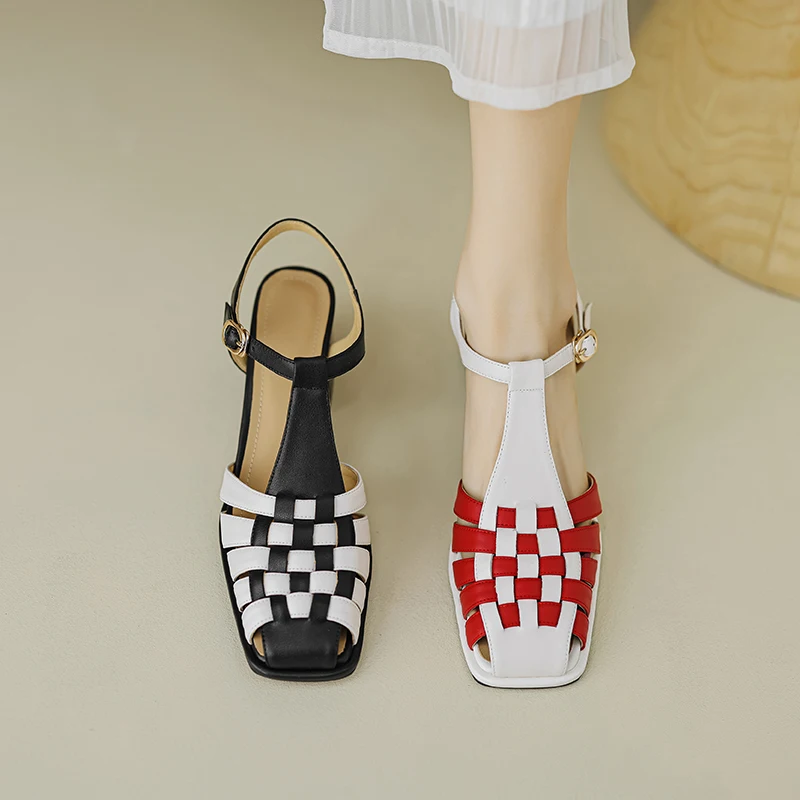 2024 new summer women sandals natural Leather shoes 22-24.5cm cowhide+pigskin full leather Woven low heeled toe sandals