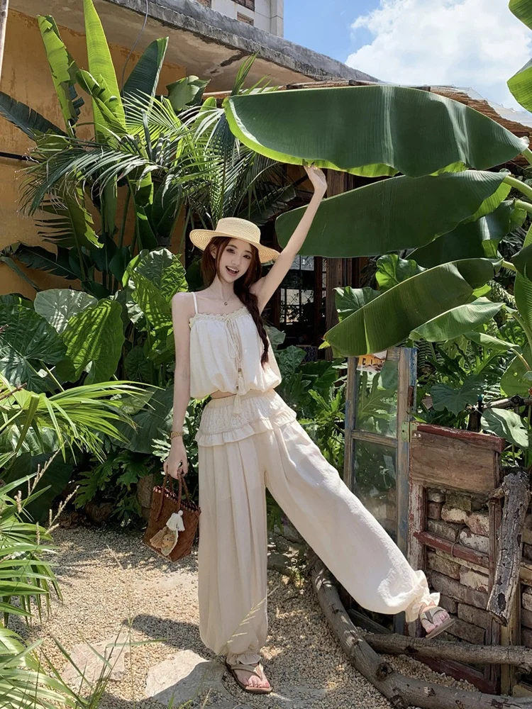 

Casual Style Women's Summer Fashion Set with Tassel Trim Blouse And Lantern Pants High Waist Long Pants for Holiday Wear
