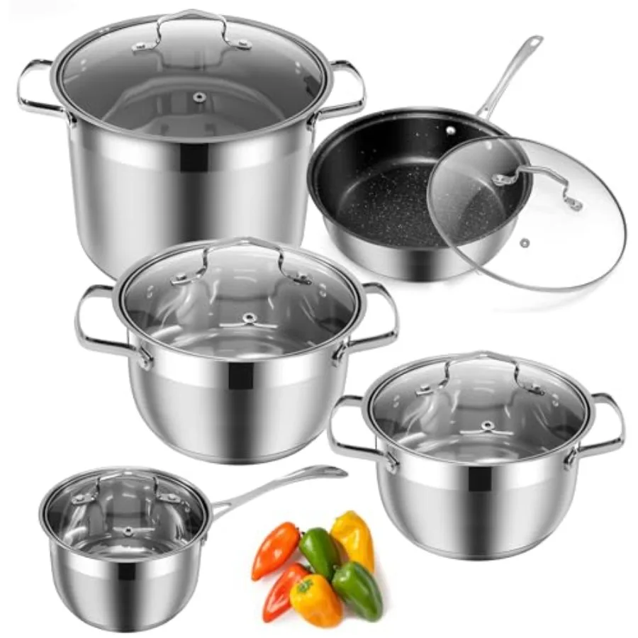

Kitchen Cookware Sets 10 Pcs Hybrid Stainless Steel Cookware Sets with Non Stick Frying Pans Saucepans Saute Pan Stock Pot Pots