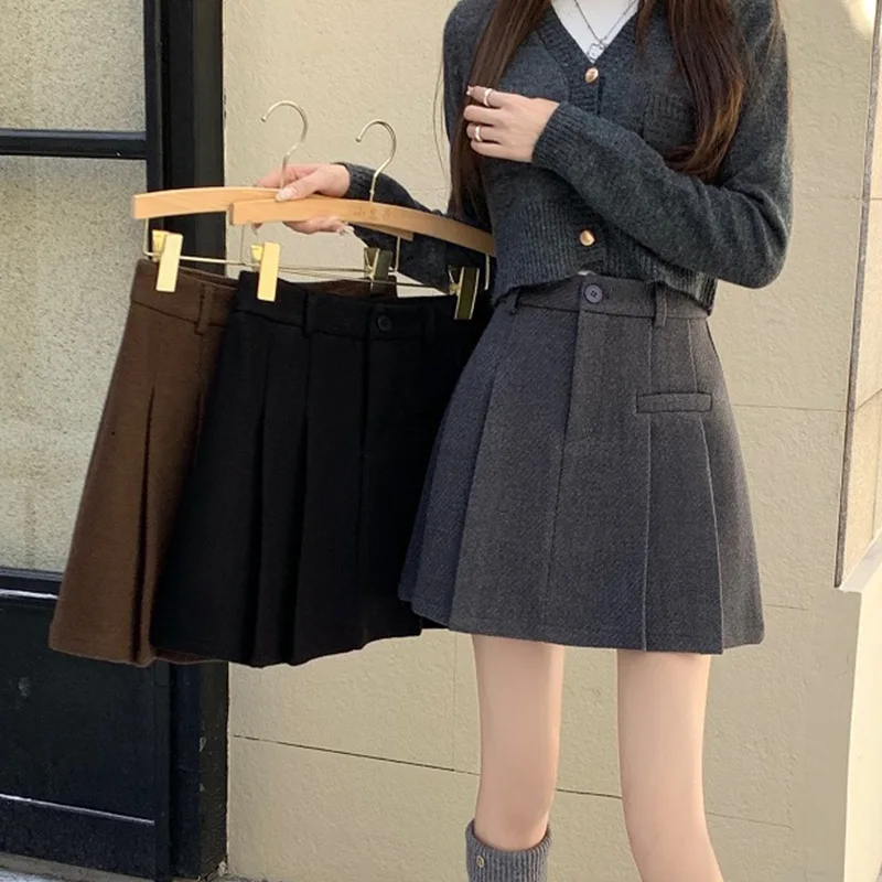 

Осенне-зимняя женская юбка А-силуэта с высокой талией, плиссированная шерстяная юбка в студенческом стиле, модная и универсальная, для повседневной носки