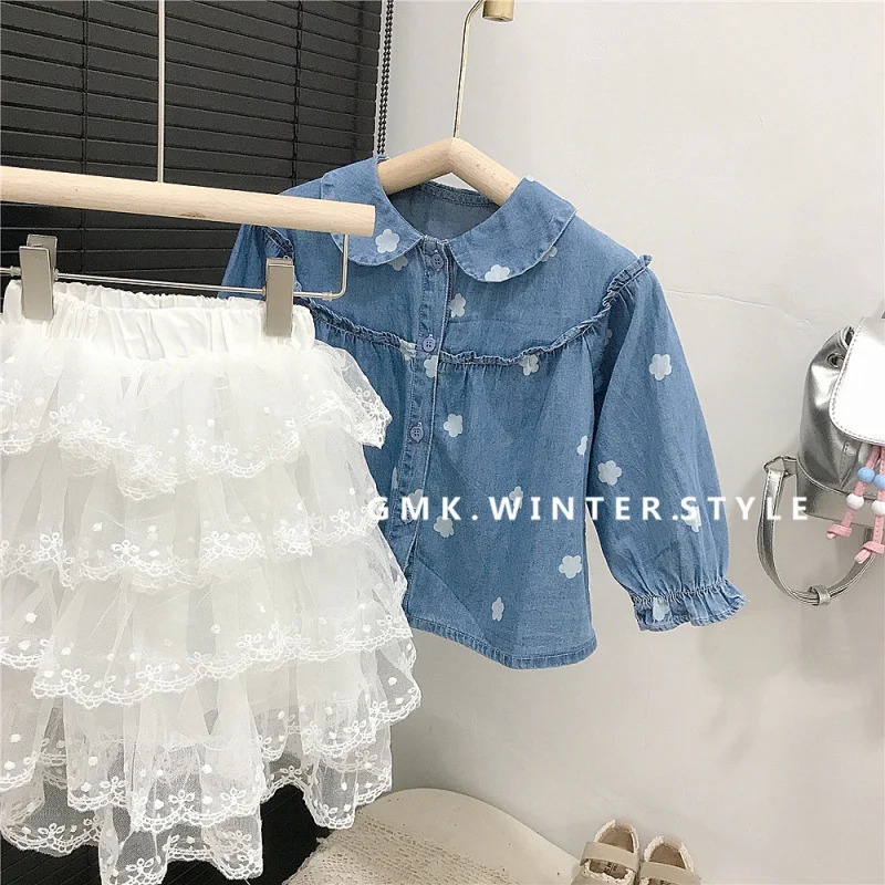 

Girls' Denim Shirt Spring and Autumn New Style Baby Girl Long Sleeve Early Autumn Jacket Children's White Skirt