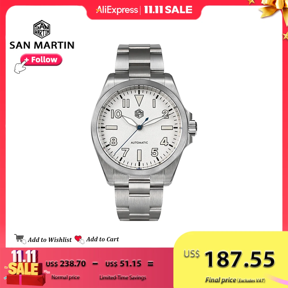 Reloj San Martin Simple de 40mm para hombre NH35, reloj de pulsera deportivo mecánico automático de acero inoxidable resistente al agua, BGW-9 luminoso SN0132
