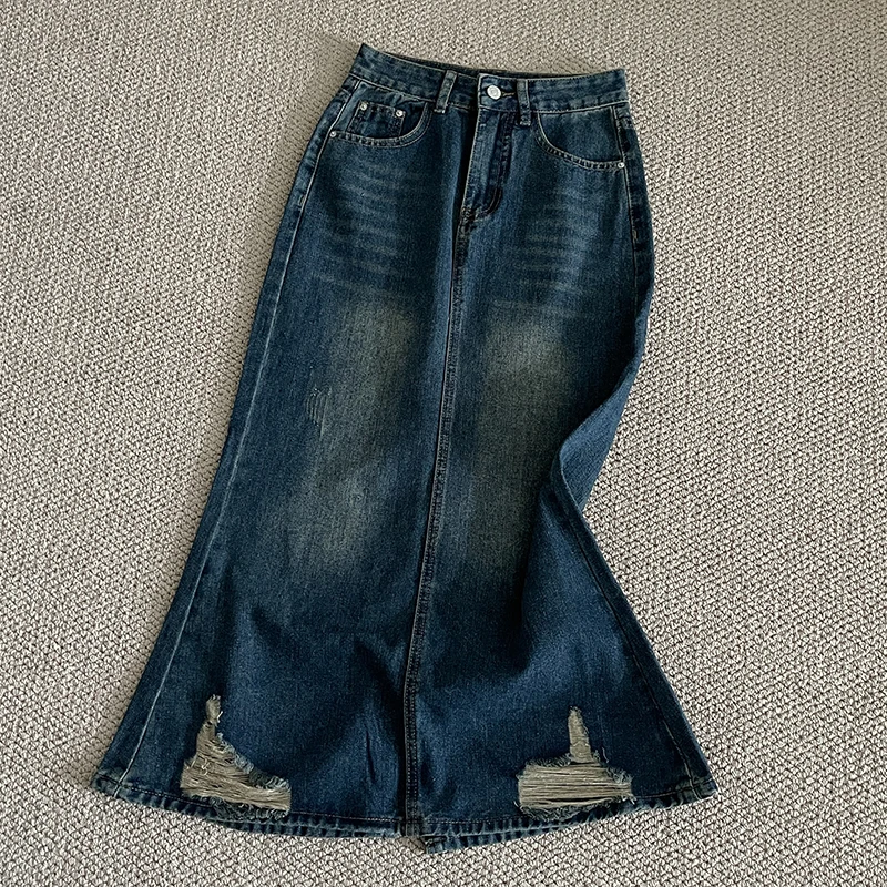 

Ретро модные женские джинсовые юбки с рваными дырками, осенние новые темпераментные длинные юбки-русалки с высокой талией, шикарные юбки с разрезом в корейском стиле