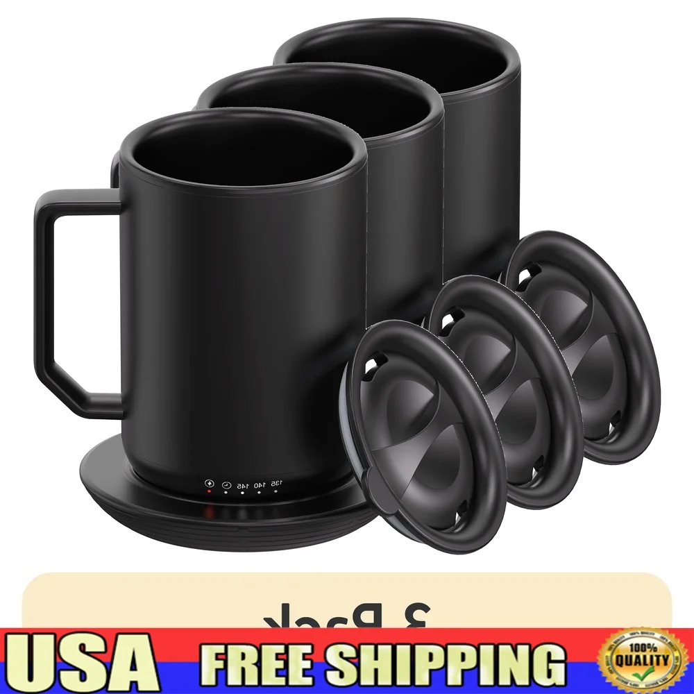 

3 Pack Self-Heating Coffee Mug 12oz Stainless Steel Warming Mug with Charging Coaster Lid LED Indicator Auto Shutoff