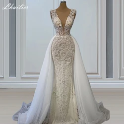 Lhuilier Customized Scoop Neck Illusion Lace Mermaid Wedding Dresses Sleeveless 2 in 1 Beaded Bridal Gown with Detachable Train