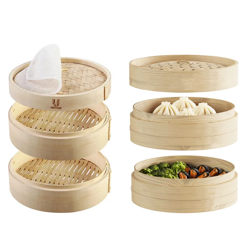 

Handmade Bamboo Steamer Basket with Lid Multi-use Traditional Dumpling Steamer for Dim Sum Dumplings Buns Rice Asian Foods