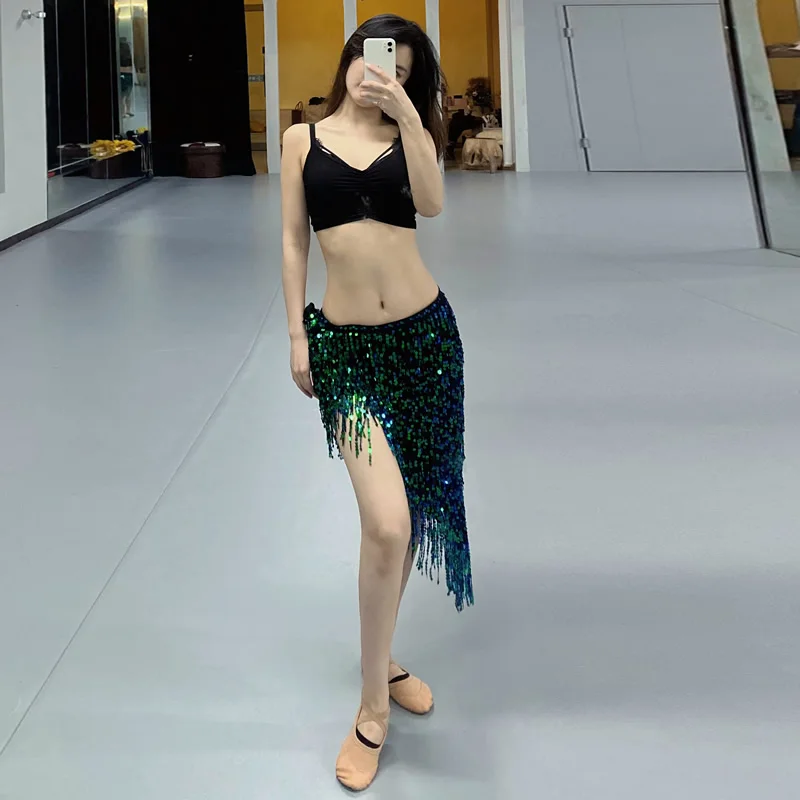 Traje de danza del vientre personalizado para mujer, cadena de cintura, bufanda de cadera, falda envuelta, falda con borla de lentejuelas, disfraz de actuación de práctica