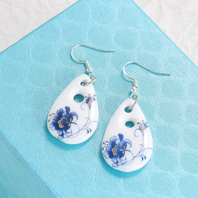 1pair Chinese Ceramics Water Droplets Phalaenopsis Flower Chinaware Dangle Earring Charm Elegant Woman Ear Pendant Jewelry Gifts