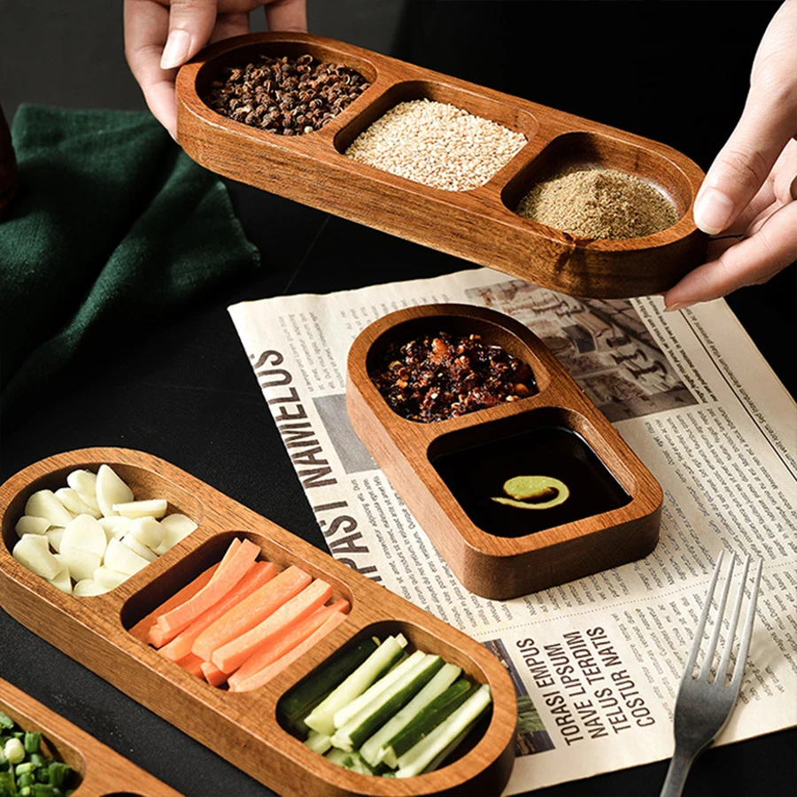 Acacia Wood Relish Dishes, Condiment Serving Tray with Multiple Compartments for Kitchen Seasoning Storage and Appetizer Serving