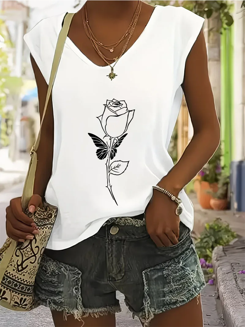 Casual Rose Flower Design Printed  V-Neck Tank Top T-shirt V Neck Sleeveless Casual Fashion Vest T Shirts Women Tee Shirt