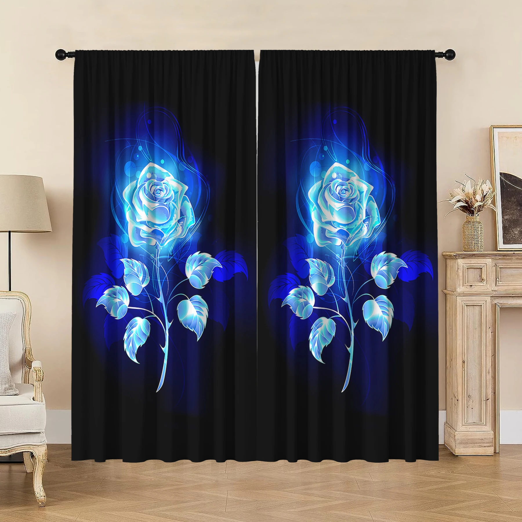 2PC Curtains, Blue, Purple, Yellow, Two Roses With Rod Pocket Curtains, Suitable For Kitchen, Coffee Shop, LivingRoom, Balcony,