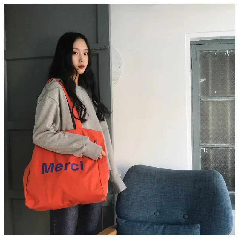 Girls Bag Canvas Tote Bag Letter Casual Solid Letter OPEN SOFT Shoulder Bag Handbag High-Capacity Sjopping Bag Simple Merci