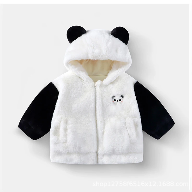 New Winter Thick Keep Warm Girls Jacket Cute Cartoon Panda Rabbit Bear Pattern Plush Lined With Velvet Heavy Coat For Kids