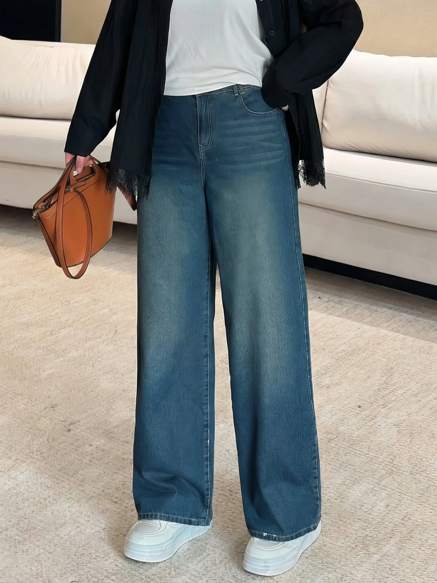 

High Waist Loose Wide Leg Jeans plus Size Women's Spring Fashion Trousers Cotton Straight Cut Versatile Casual Pants