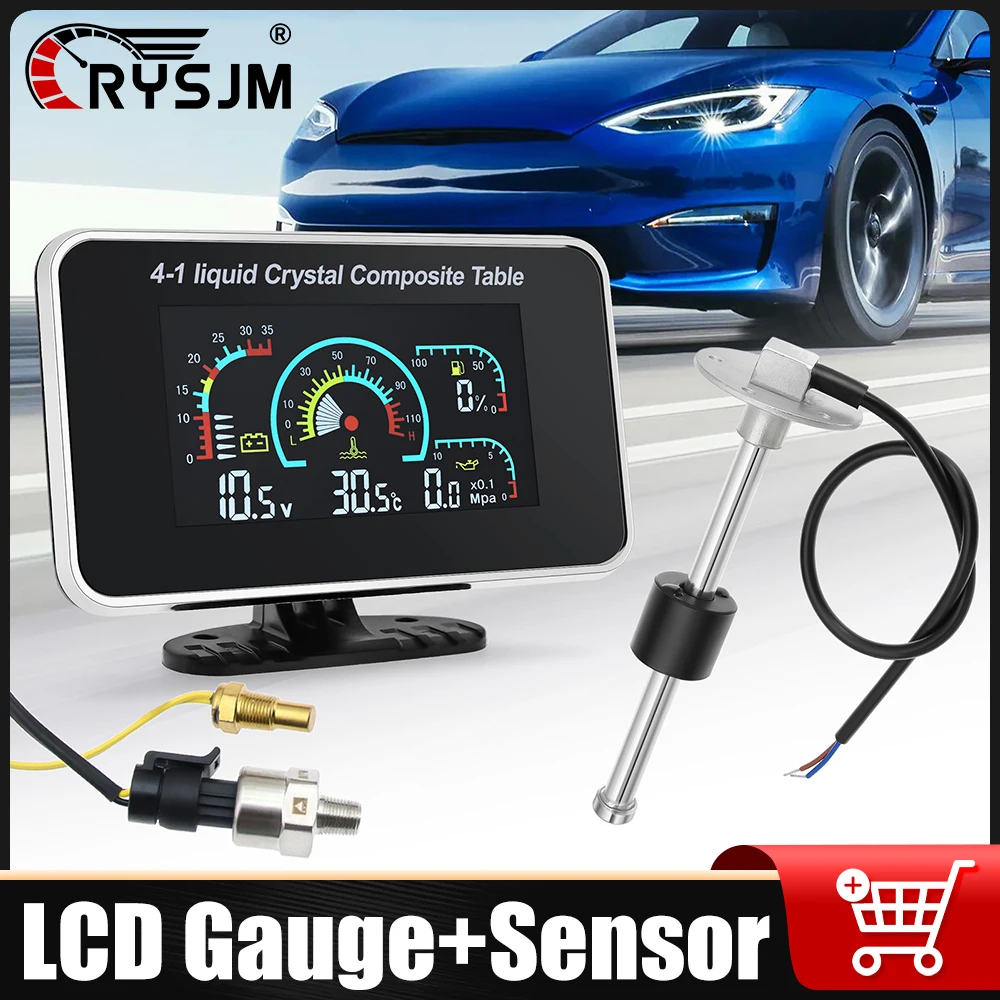 

4 In 1 Car LCD Digital Gauge With Sensor Fuel Level + Water Temperature Meter + Oil Pressure + voltmeter For 12V24V Vehicle Ship