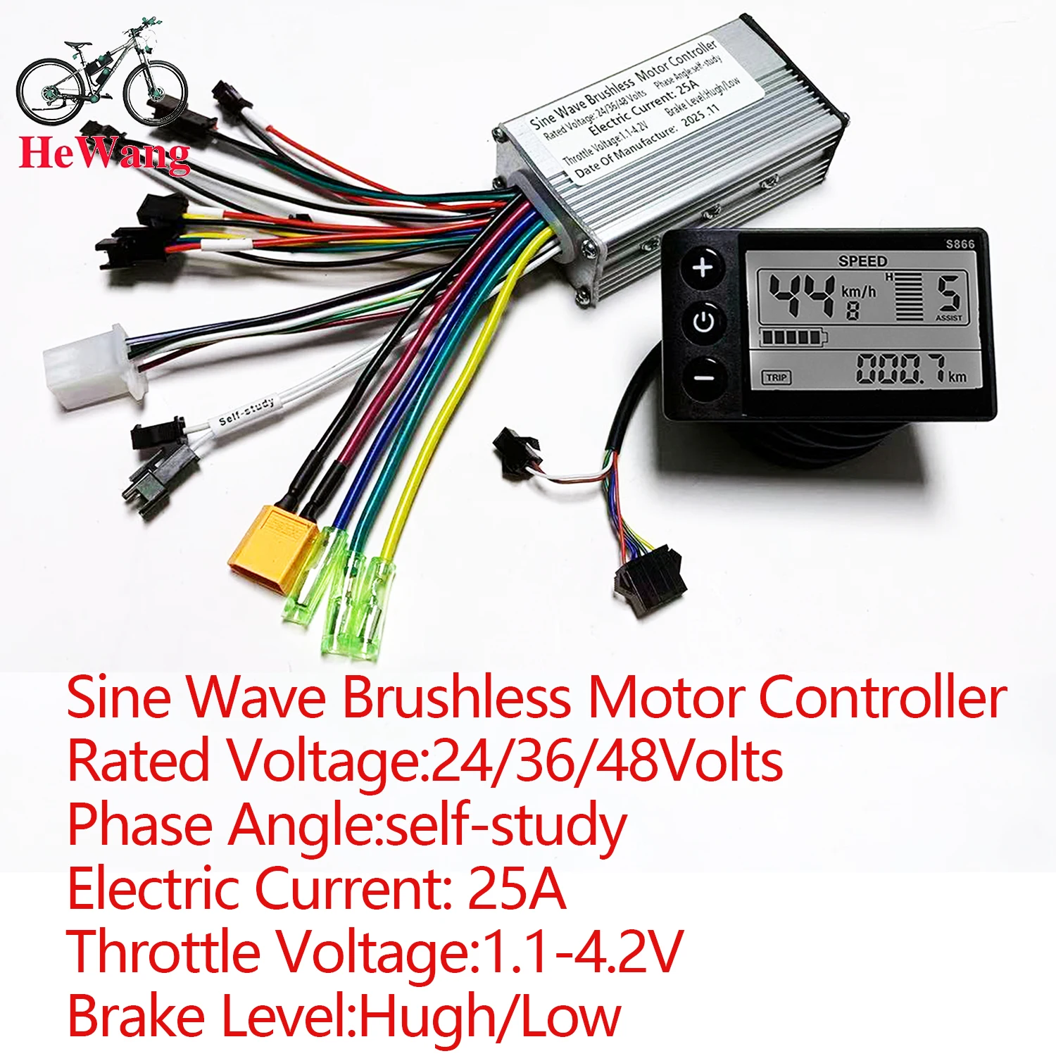 

Ebike Sine Wave Display Controller 25A Three-Mode 24V/36V/48V with Learn Function S866 LCD Display 350W-500W Motor for E-scooter
