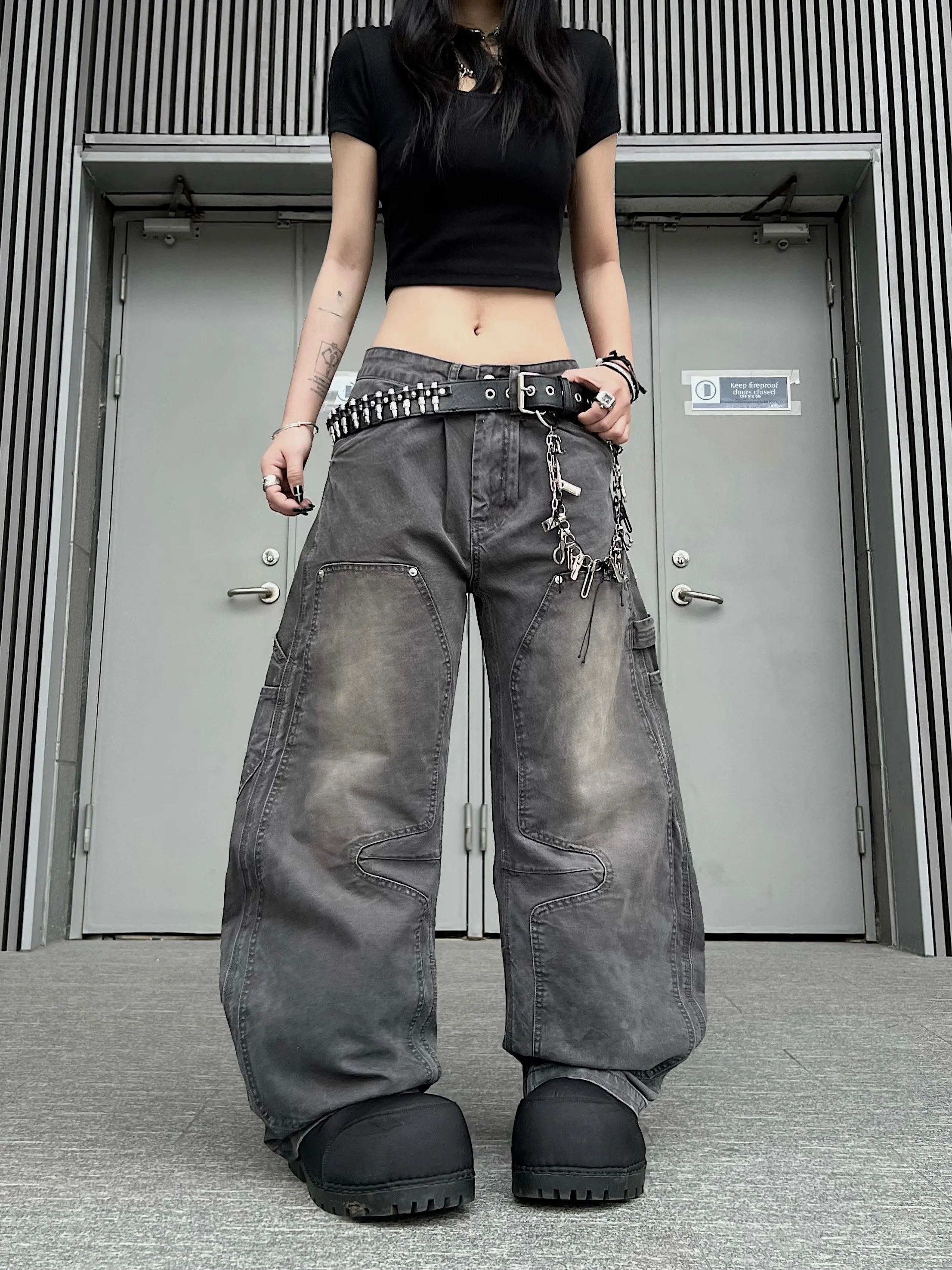 

Vintage Waed American Sle Knife Loose Fit Jeans Destructive Splicing Logging Pants Casual Outdoor Jeans